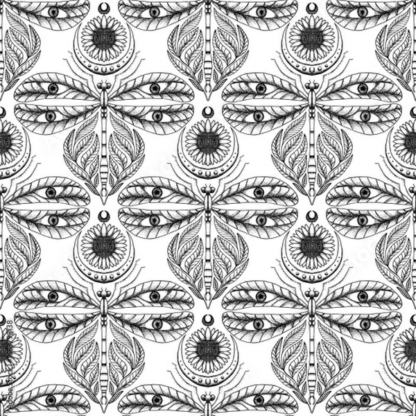 Fototapeta vector damask luxury, boho pattern design. dragonfly