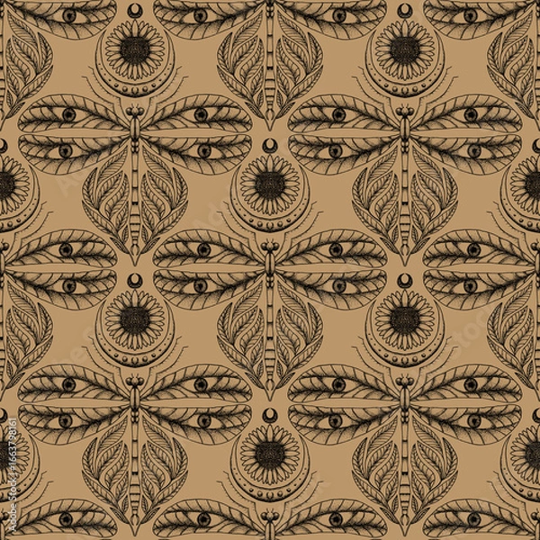 Fototapeta vector damask luxury, boho pattern design. dragonfly