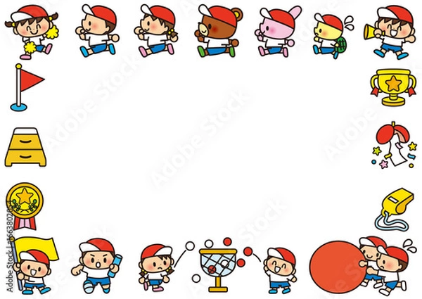 Fototapeta 運動会,体育祭,フレーム,子供,小学校,幼稚園,保育園,小学生,学校,体育,運動,走る,メッセージ,囲み枠,飾り枠,掲示板,お知らせ,伝言板,体操服,旗,徒競走,跳び箱,大玉転がし,玉入れ,中学校,笛,メダル,ホイッスル,かけっこ,応援,素材,セット,体操,学校行事,春,秋,かわいい,中学生,トロフィー,人物,運動場,くす玉,可愛い,枠,メモ,伝言,イラスト