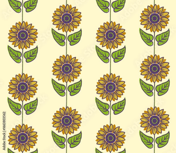 Fototapeta Floral Block Prints Sunflowers - seamless pattern