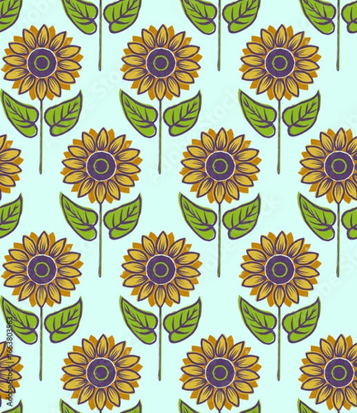 Fototapeta Floral Block Prints Sunflowers - seamless pattern