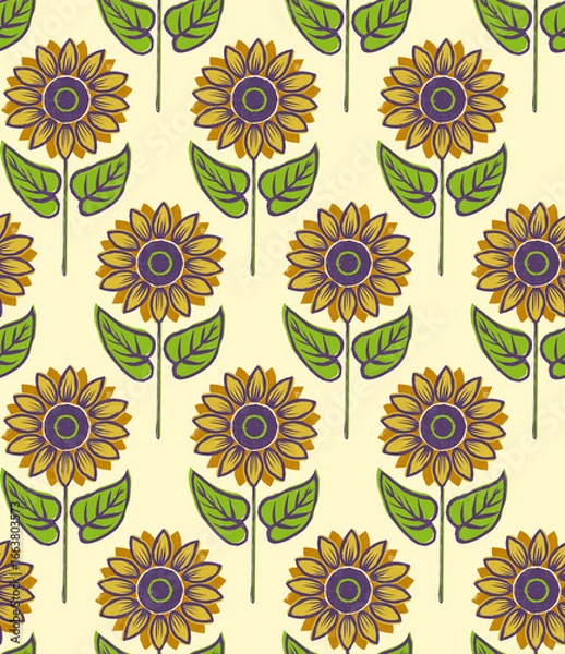 Fototapeta Floral Block Prints Sunflowers - seamless pattern