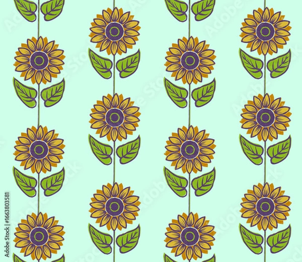 Fototapeta Floral Block Prints Sunflowers - seamless pattern