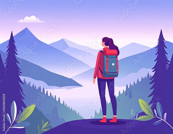 Fototapeta Hiker Silhouette Standing on Rock with Mountain View