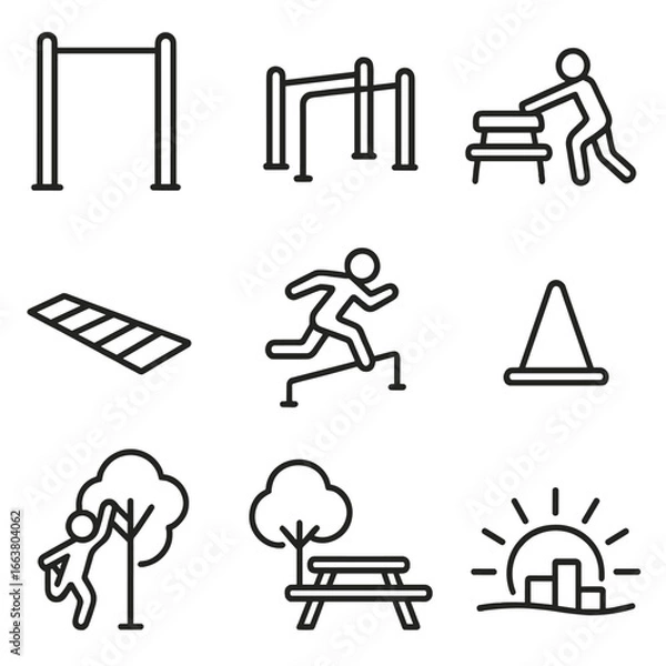 Fototapeta Weekend Park Fitness Circuit. Outline style icon of Weekend Park Fitness Circuit: pull-up bar, parallel dip bars, park bench