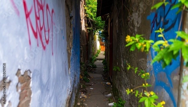 Fototapeta Narrow alleyway with graffiti and plants