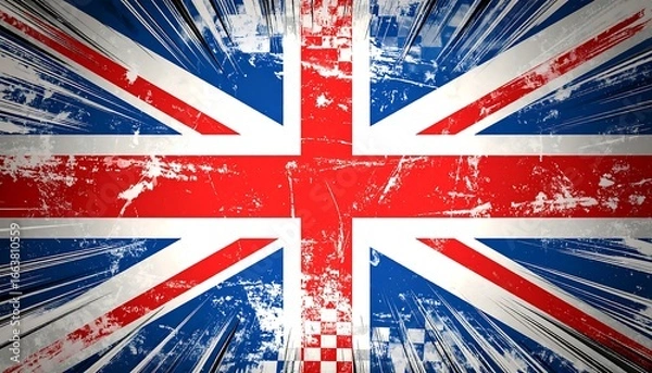 Fototapeta A textured, grunge-style depiction of the British Union Jack flag, featuring distressed patterns and radiating lines.