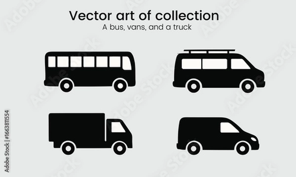 Fototapeta Vector art of collection of black silhouette icons of various vehicles including a bus, vans, and a truck, isolated on a

