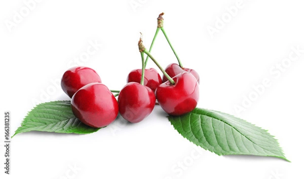 Fototapeta Fresh ripe cherries on white background