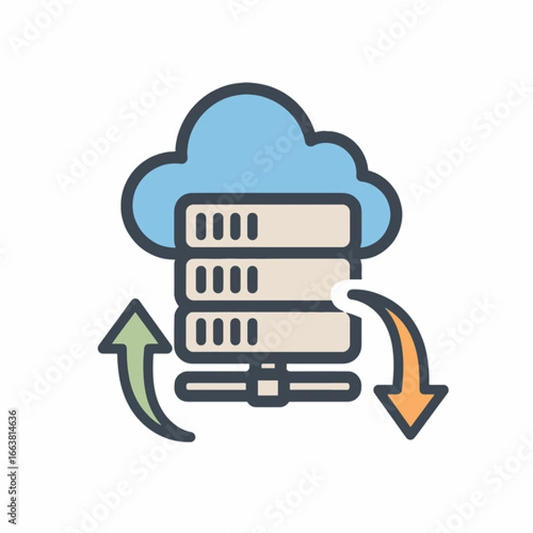 Obraz Cloud computing icon with simple server rack, upload and download arrows, minimal 2D design, isolated on white background