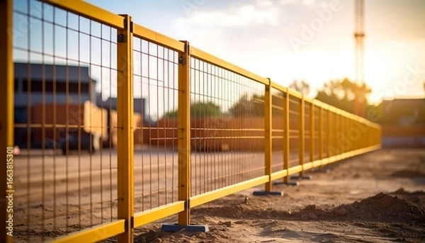 Fototapeta A long, bright yellow construction fence stretches across a sun-drenched worksite, showcasing a metal grid structure against a blurred background of industrial buildings.
