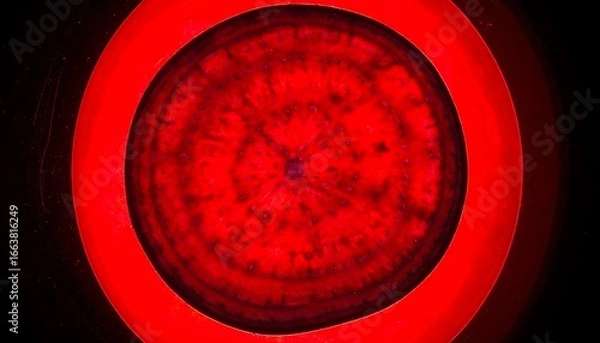 Fototapeta A vibrant, concentric circle of deep crimson illuminates a complex, patterned structure, showcasing intricate details against a stark black backdrop.