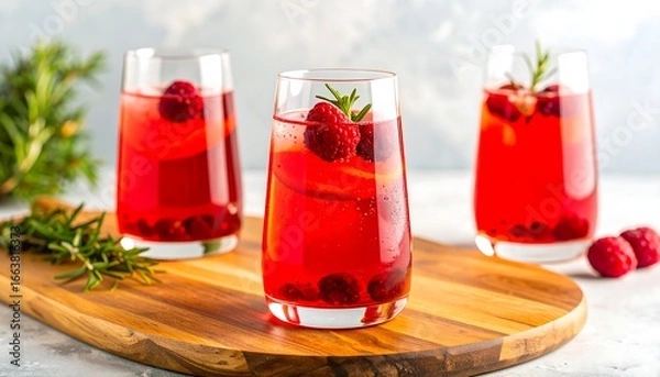 Fototapeta Three vibrant, refreshing raspberry drinks garnished with sprigs of rosemary sit on a light-brown wooden platter, showcasing a vibrant red hue and a summery mood.