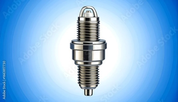 Fototapeta High-angle,  shot of a metallic spark plug, against a gradient of light blue.