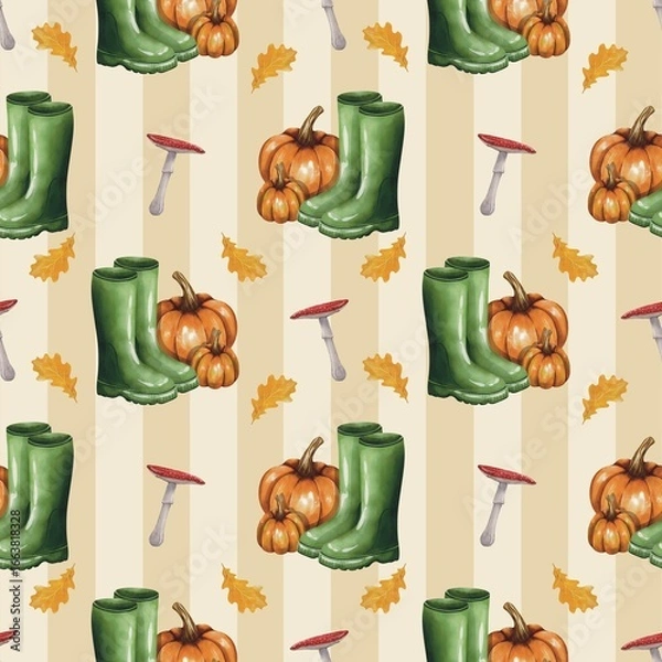 Fototapeta Watercolor Seamless Autumn Pattern with Pumpkins, Rubber Boots, Mushrooms and Fall Leaves onstriped background