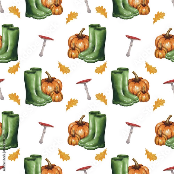 Fototapeta Watercolor autumn season seamless pattern with green boots, pumpkin and mushroom on transparent background 