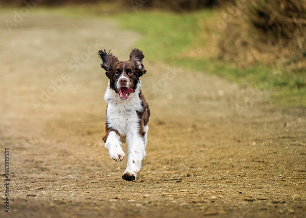 Fototapeta 2024-12-31 A BROWN AND WHITE SPRINGER SPANIEL RUNNING DOWN A GRAVEL PATH WITH ALL FOUR FEET OFF THE GROUND WITH NICE BRIGHT EYES AND A BLURRED BACKGROUND AT MARYMOOR IN REDMOND WASHINGTON