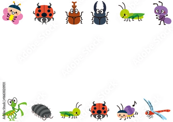 Obraz 虫, 昆虫, フレーム, 夏, カブトムシ, クワガタ, テントウムシ, カマキリ, バッタ, セミ, トンボ, 蜂, 子供, 園児, 保育所, 保育, 学校, 夏休み, 児童, かわいい, セット, 生き物, 蝶々, 可愛い, 赤とんぼ, 春, 秋, 理科, 生物, 蝶, 蝉, 虫取り, アリ, カブト, クワガタムシ, てんとう虫, ダンゴムシ, コオロギ, メッセージ, 飾り枠, 掲示板, 