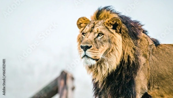 Fototapeta A majestic lion, its gaze directed upward, stands in profile against a soft, light background.