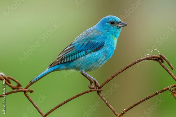 Obraz  AI-Generated Image of a vibrant blue bird perched on a rusted wire fence against a bright green blurred background.