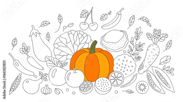 Fototapeta Vector art of assortment of fresh vegetables and fruits, including a pumpkin