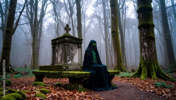 Fototapeta A mysterious figure in a dark robe sits on a mossy bench in a misty woodland, near an aged stone monument.