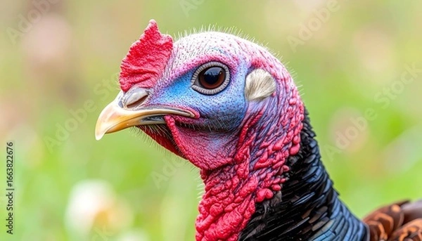 Fototapeta Close-up of a vibrant wild turkey head, showcasing its striking red, blue, and black plumage, and detailed texture.