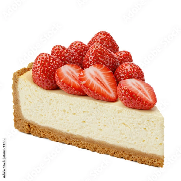 Fototapeta A delicious slice of strawberry cheesecake, a perfect dessert for any occasion, featuring a creamy filling and fresh fruit topping