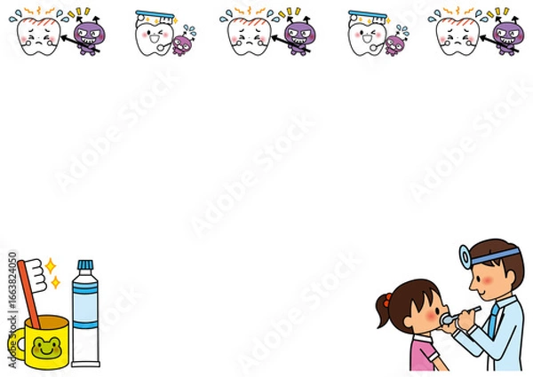 Obraz 歯みがき,歯医者,フレーム,歯,保健,バイキン,虫歯,子供,歯科衛生士,歯磨き,歯科検診,歯科医院,白衣,こども,はみがき,園児,小学校,小学生,幼児,こども園,保育所,幼稚園,保育園,保育,お泊り保育,生活,メッセージ,飾り枠,掲示板,お知らせ,枠,メモ,歯みがき粉,デンタル,虫歯菌,清潔,歯ブラシ,ハミガキ,コップ,歯磨き粉,歯科,きれい,磨く,ブラシ,セット,イラスト