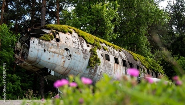 Fototapeta A rusted airplane fuselage, overgrown with moss and vegetation, stands amidst lush greenery.