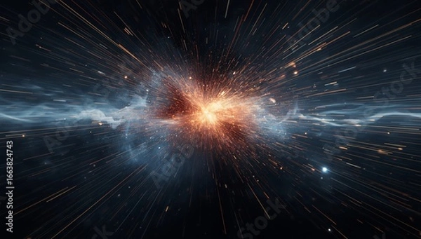 Fototapeta A massive celestial explosion bursts with fiery light and energy, sending sparks through a cosmic nebula.