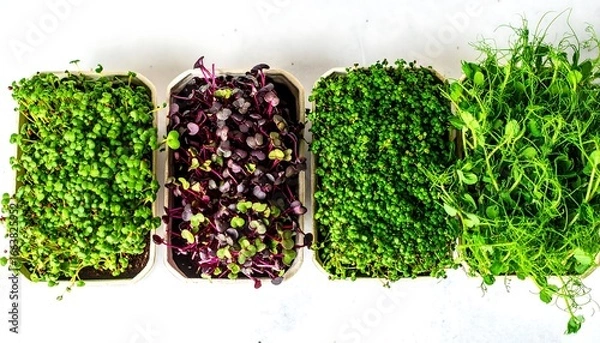 Fototapeta Freshly sprouted microgreens in various colors arranged in neat, rectangular containers against a white background.