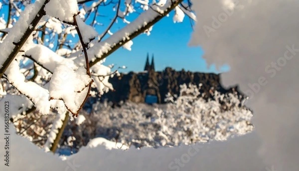 Fototapeta Snowy winter scene with snow-covered branches framing a distant cityscape.