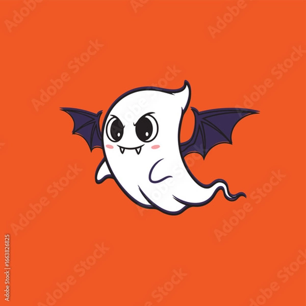 Fototapeta Cute ghost with bat wings flying. Kawaii Halloween spooky monster character vector illustration.
