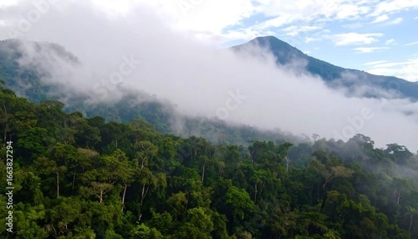 Fototapeta Lush green rainforest blankets a misty mountain range, showcasing a serene and vibrant landscape.
