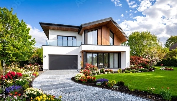 Fototapeta A modern, well-maintained house with a meticulously landscaped yard, showcasing a harmonious blend of architectural design and outdoor beauty.
