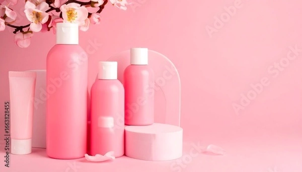 Fototapeta Pink cosmetic bottles and containers arranged on a soft pink backdrop with cherry blossoms, evoking a delicate and feminine aesthetic.