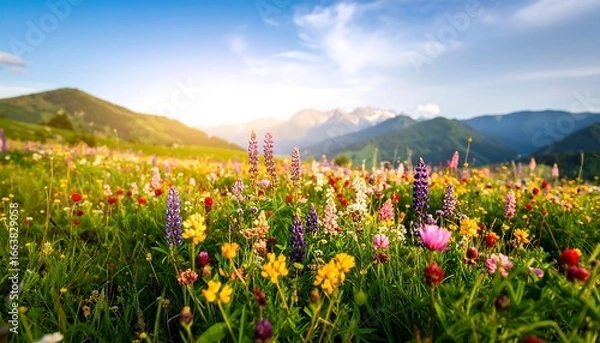 Fototapeta A vibrant meadow of wildflowers bursts with color against a backdrop of majestic mountains under a bright, sunny sky.