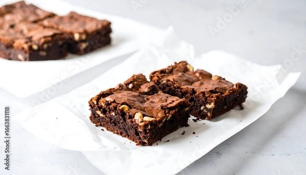 Fototapeta Deliciously rich and fudgy brownies, artfully arranged on parchment paper, showcase their decadent texture and delightful appearance.