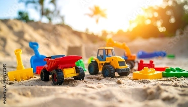 Fototapeta Colorful plastic construction toys and play tools scattered on a sunny sandy beach, creating a vibrant scene of outdoor fun.
