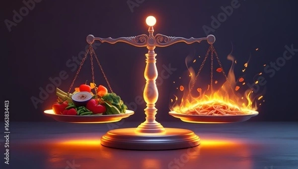 Fototapeta Healthy food versus unhealthy food on a balancing scale