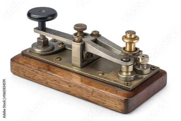 Fototapeta Morse telegraph key isolatd on white plain backgroun, vintage communication deice