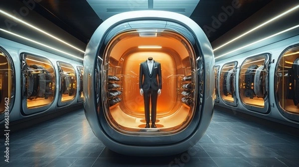 Fototapeta striking futuristic environment showcases meticulously tailored suit in sleek glass display. vibrant orange backdrop enhances sophisticated and elegant aesthetic of fashion design.