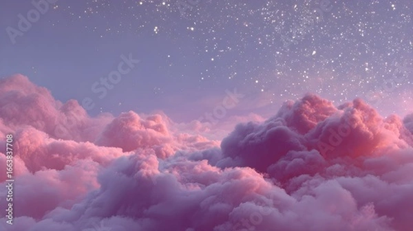 Fototapeta Dreamy pink clouds float under a starry sky, evoking a sense of wonder and tranquility.