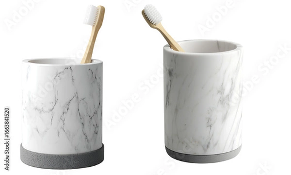 Fototapeta Two marble-patterned toothbrush holders with bamboo toothbrushes, cylindrical design with contrasting bases for a modern bathroom set