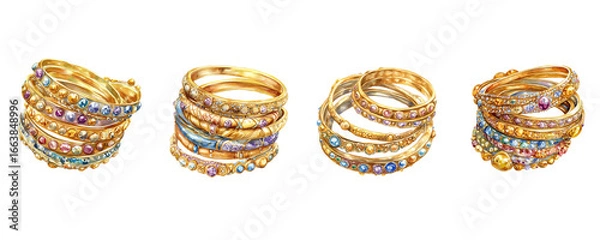 Fototapeta Set of golden bangle bracelets with colorful gemstones and enamel accents. Watercolor illustrations of boho jewelry in vibrant artistic style. PNG format.