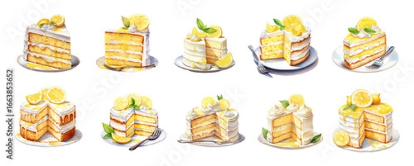 Fototapeta Lemon Cake Clipart Set – 30 Watercolor Dessert Illustrations with Lemon Cream Layers & Whipped Topping