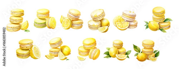 Fototapeta Lemon Macaron Clipart Set – 12 Watercolor Illustrations of Yellow Macarons and Citrus Fruits
