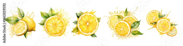 Fototapeta Lemon Splash Clipart – 5 Watercolor Citrus Juice Bursts with Slices and Leaves, Juicy Fruit Explosion PNG Set
