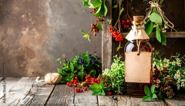Fototapeta Herbal remedies displayed on rustic wooden table